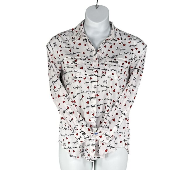 Karl Lagerfeld Paris XS White Blouse Red Heart Script Button Up Roll Tab Sleeve - Picture 8 of 16